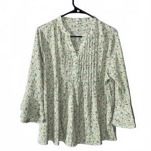 Light Green Floral Pintuck Pleated 3/4 Sleeve Blouse Women's Size M Summer